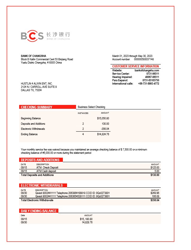 Modèle Word et PDF de déclaration d'entreprise de la Banque de Changsha